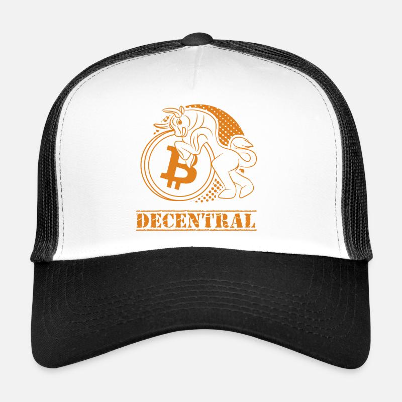 Decentral – Klassisches Bitcoin Design - Trucker Cap - Weiß/Schwarz