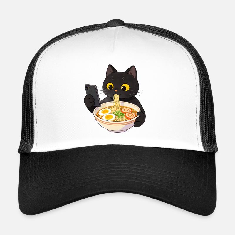 Schwarze Katze mit Smartphone und Ramen Nudeln - Trucker Cap - Weiß/Schwarz