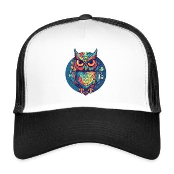 Eule als Ritter im Kreis, bunt, Boho, Comic - Trucker Cap - Weiß/Schwarz - Vorne