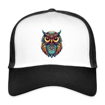Owl with feathers, boho, cartoon style, geometric - Trucker Cap - white/black - Front