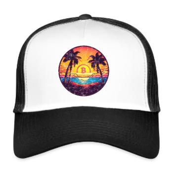 Bitcoin Logo, Symbol, Sunrise, Sun, Sea - Trucker Cap - white/black - Front