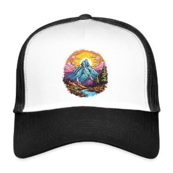 Bunter Berg mit Fluss Cartoon Style - Trucker Cap - Weiß/Schwarz - Vorne