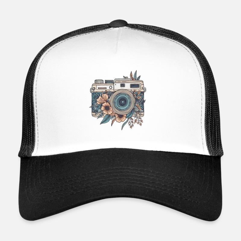 Coole Vintage Retro Kamera Boho Style - Trucker Cap - Weiß/Schwarz