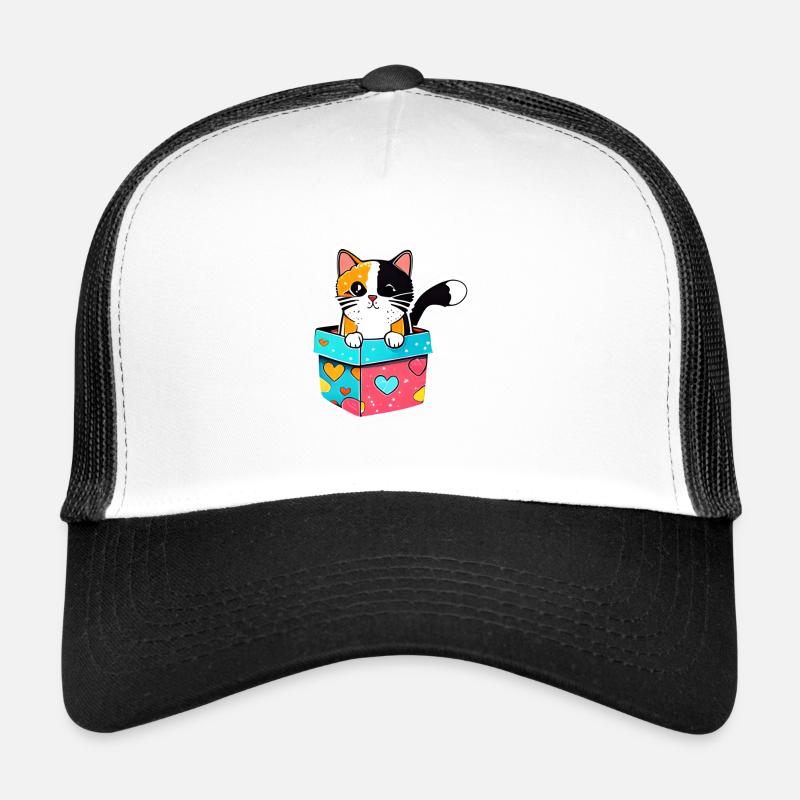 An orange cat in a box, with its luminous Trucker Cap