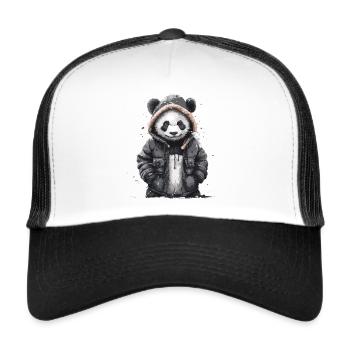 Ours panda en manteau - Casquette trucker  - blanc/noir - Devant