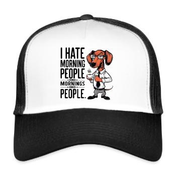 First coffee grumpy dachshund with coffee cup - Trucker Cap - white/black - Front