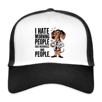 First coffee grumpy dachshund with coffee cup - Trucker Cap - white/black - Front