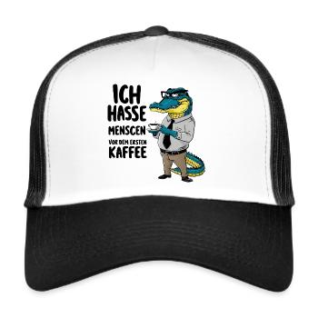 Erst Kaffee grantiges Krokodil mit Kaffeetasse - Trucker Cap - Weiß/Schwarz - Vorne