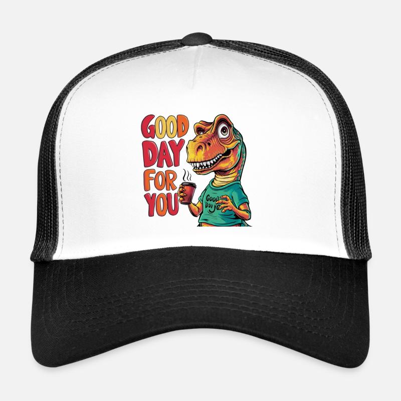Design shows cool dinosaur holding a coffee mug Trucker Cap