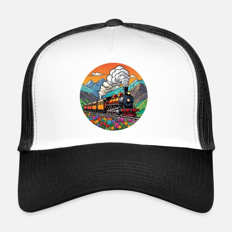 Nostalgischer Eisenbahnzug qualmender Lokomotive - Trucker Cap - Weiß/Schwarz