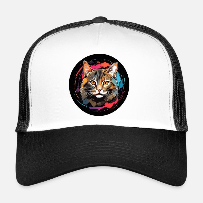 Süßes Katzenportrait in Aquarelltechnik im Kreis - Trucker Cap - Weiß/Schwarz