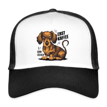 Grantiger Dackel und lustiger Kaffeetrinkerspruch - Trucker Cap - Weiß/Schwarz - Vorne