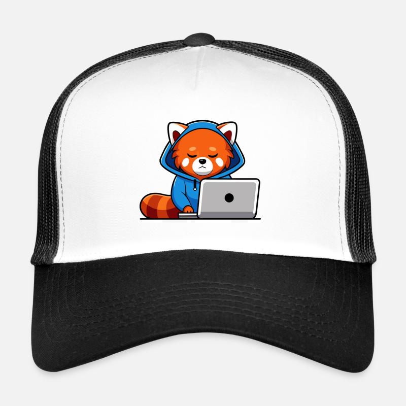 Mignon hacker panda roux en sweat à capuche devant PC Casquette trucker 