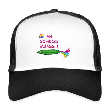 An scheiss muass i,scheisse,Regenbogen,gurke - Trucker Cap - Weiß/Schwarz - Vorne