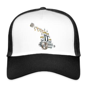 3D Technische Zeichnung Motor Bild - Trucker Cap - Weiß/Schwarz - Vorne