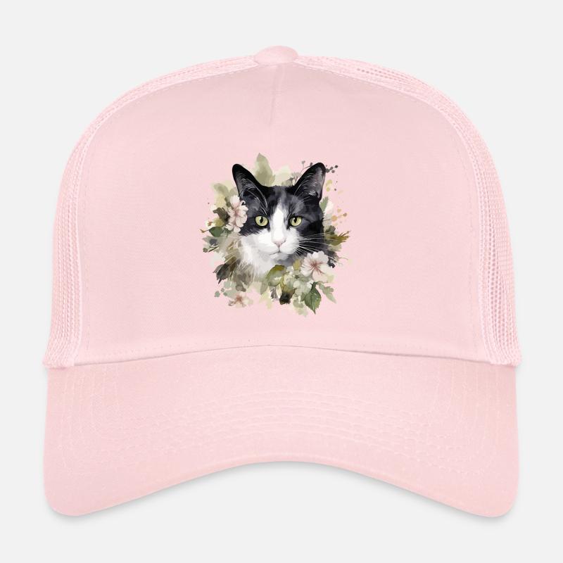 Noir Blanc Chat Fleurs Aquarelle Art Coloré Casquette trucker 