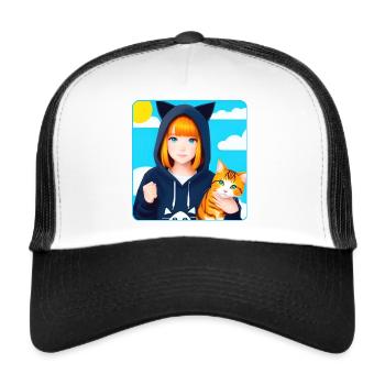 Niedliches Anime Manga Girl mit Katzen Hoodie - Trucker Cap - Weiß/Schwarz - Vorne