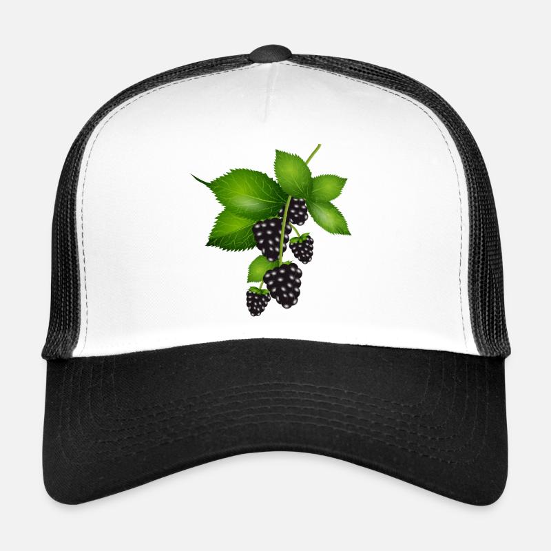 leuchtend dunkelviolette Brombeeren mit Blätter - Trucker Cap - Weiß/Schwarz