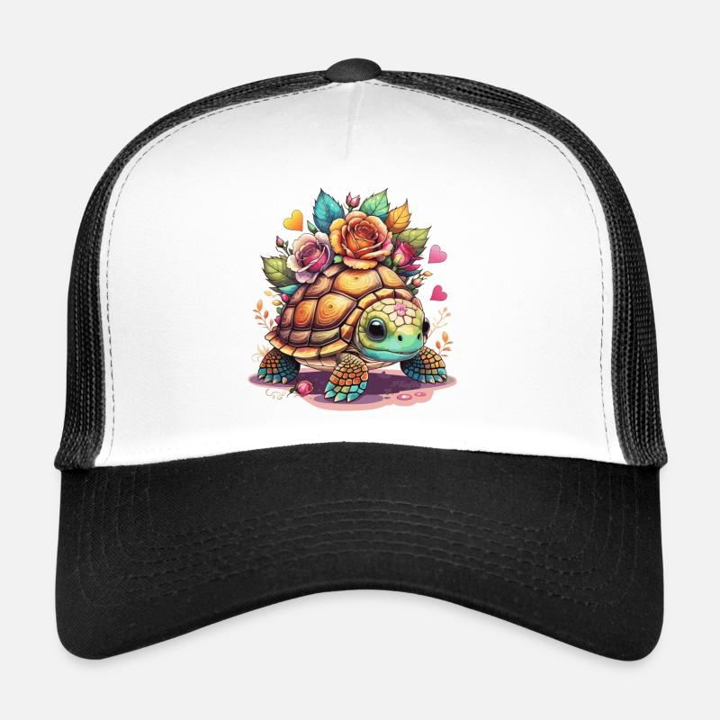 Süße Schildkröte zwischen den Rosen - Trucker Cap - Weiß/Schwarz