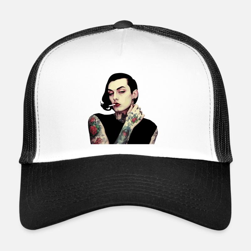 Gothic Tattooed Woman with Cigarette Trucker Cap