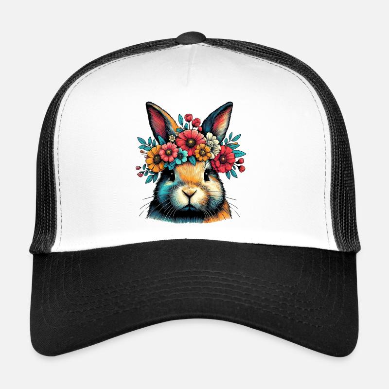 Rabbit with Flowers - Trucker Cap - white/black