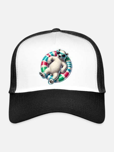 Un ours polaire détendu sur un anneau nageur - Casquette trucker  - blanc/noir - Devant