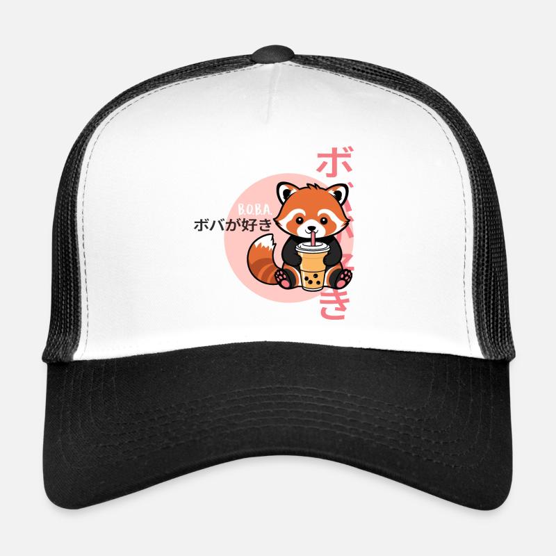 Red Panda Loves Bubble Tea – Kawaii Boba Design - Trucker Cap - white/black