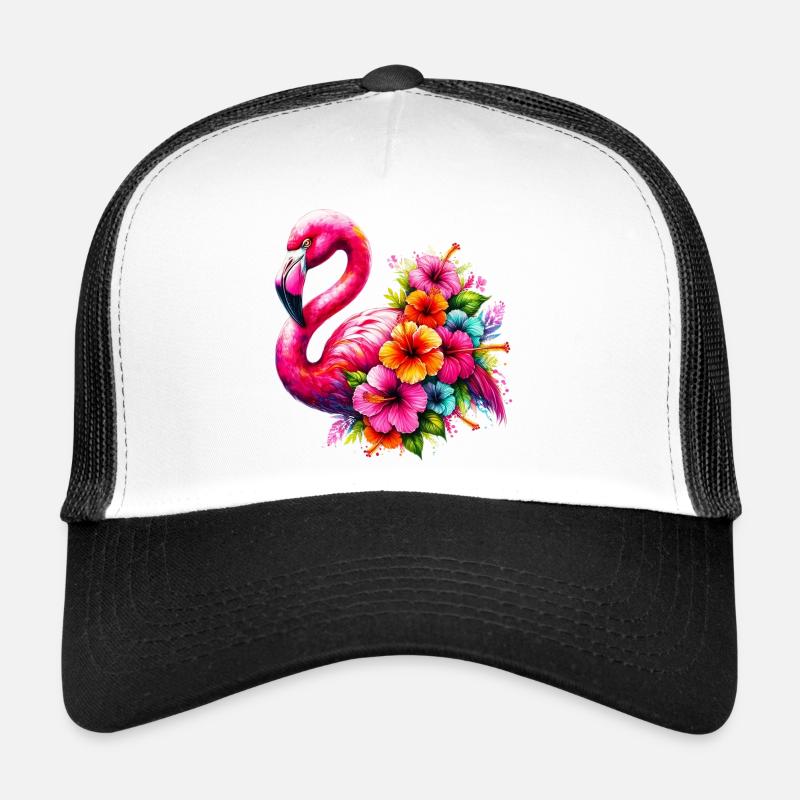 Flamant rose décoré de fleurs d’hibiscus - Casquette trucker  - blanc/noir