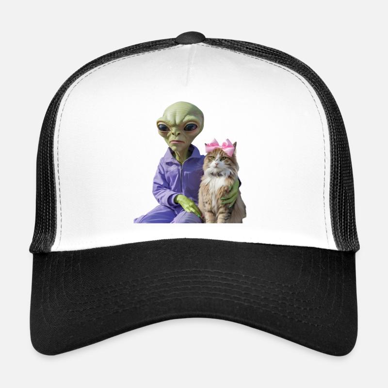 Alien und Katze – Galaktische Liebe - Trucker Cap - Weiß/Schwarz