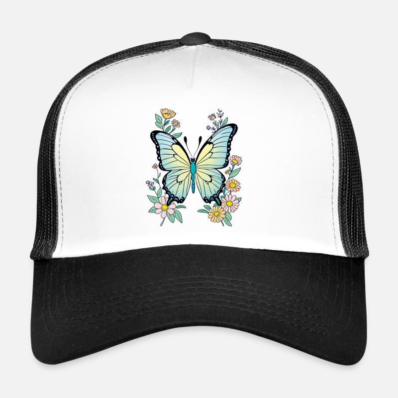 Schmetterling blau mit Blumen, Butterfly - Trucker Cap - Weiß/Schwarz