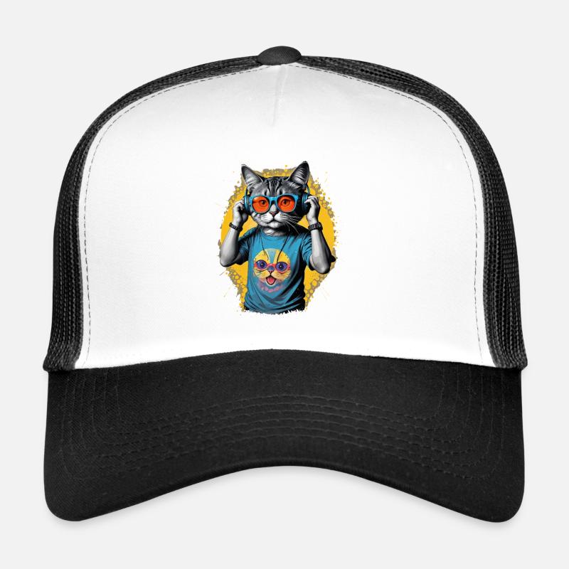 Neon Cat DJ Vibe Tee - Trucker Cap - white/black