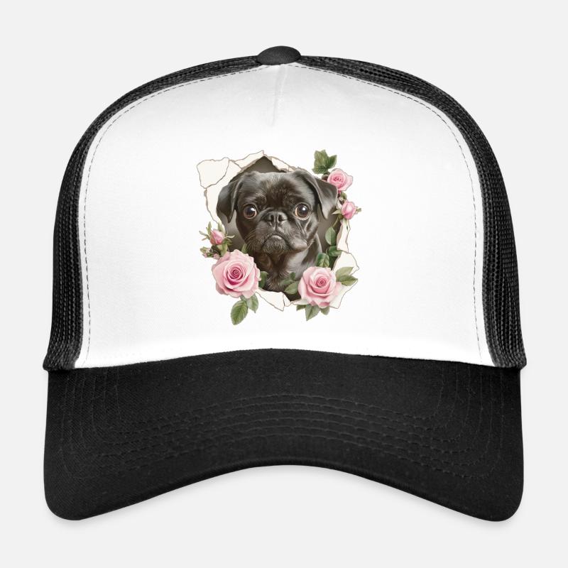 Mops Blumen Vintage - Trucker Cap - Weiß/Schwarz