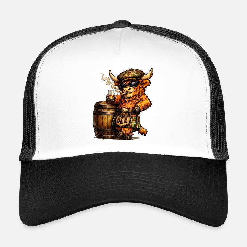 Highland Cattle with Whisky Barrel and Cigar Trucker Cap
