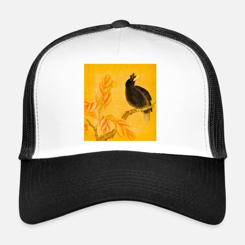 Schwarzer Singvogel auf gelben Blüten Trucker Cap