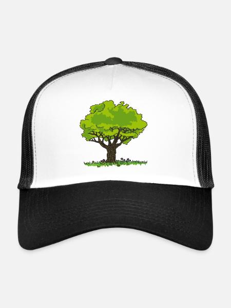 Dessin arbre pré et fleurs - Casquette trucker  - blanc/noir - Devant