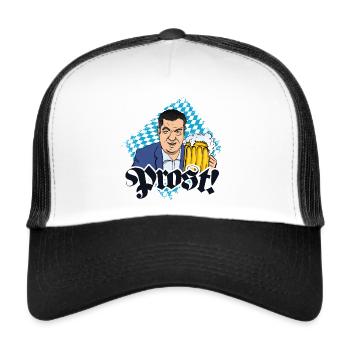 Söder mit Bierkrug und Bayerischer Fahne Prost - Trucker Cap - Weiß/Schwarz - Vorne