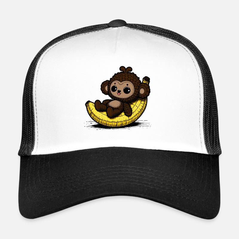 Amigurumi monkey chilling on banana Trucker Cap