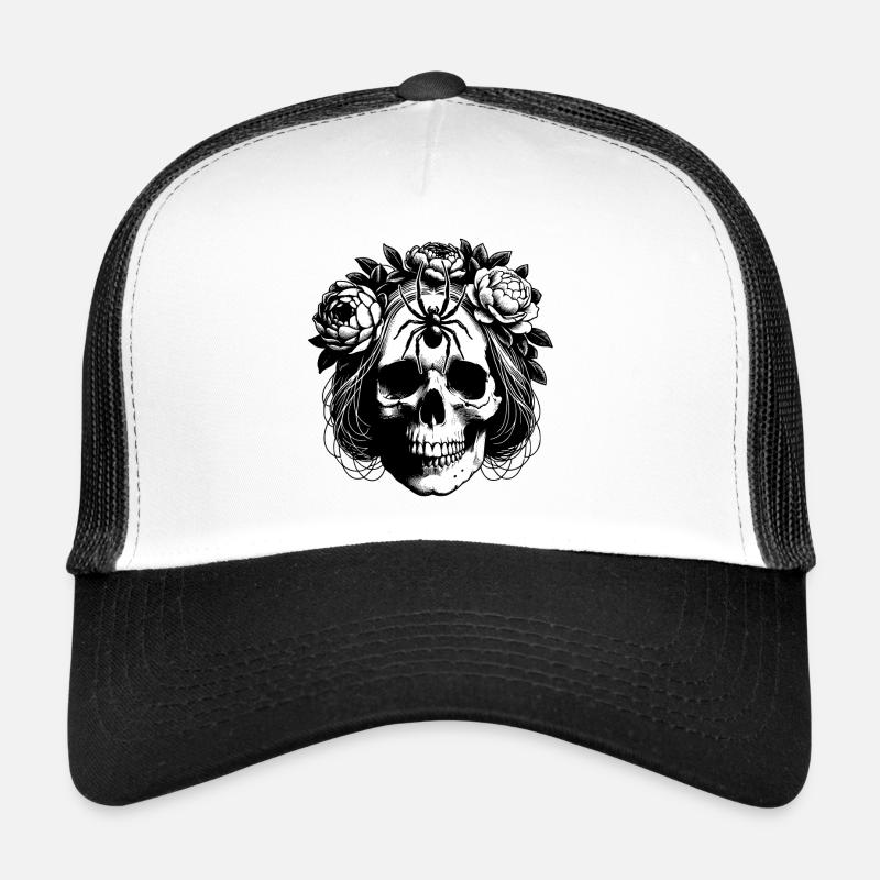 Skull with flower tendrils and large spider Trucker Cap