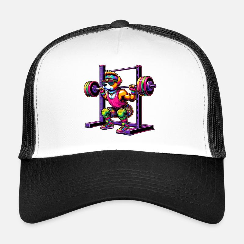 Strong Rainbow Dog Squatting in the Gym Trucker Cap