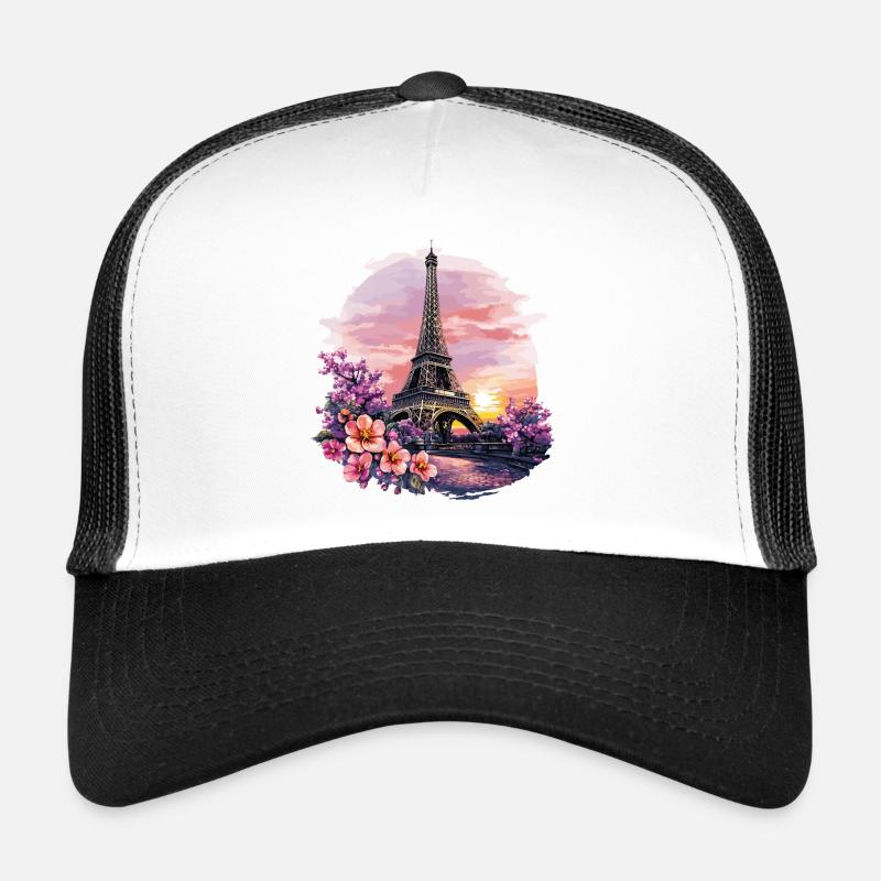 Paris Eiffelturm Frankreich Stadt Skyline Blumen - Trucker Cap - Weiß/Schwarz