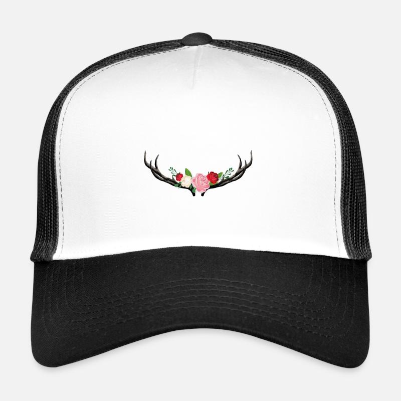 Hirschgeweih mit Blumen - Trucker Cap - Weiß/Schwarz