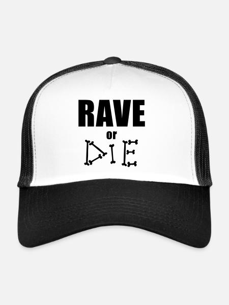 Rave or Die - Lettrage osseux Marquage Musique - Casquette trucker  - blanc/noir - Devant