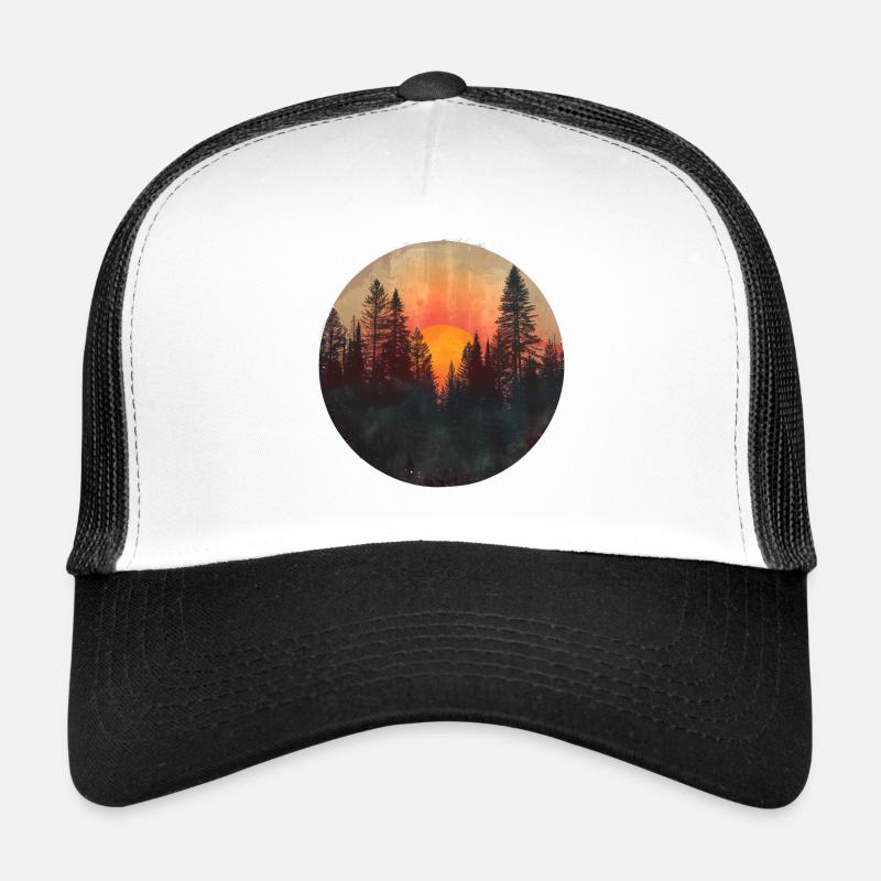 Sunset Forest Silhouette Outdoor Retro 80s Vibe 3 - Trucker Cap - Weiß/Schwarz