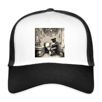 Dog reading newspaper in bathroom ,retro look - Trucker Cap - white/black - Front