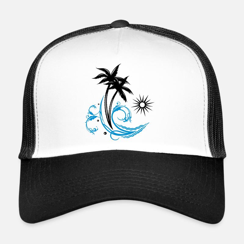 Palm trees with wave and sun, vacation, surf - Trucker Cap - white/black