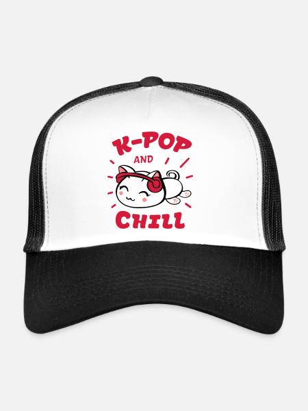 K-pop et chill avec kawaii chat cadeau - Casquette trucker  - blanc/noir - Devant