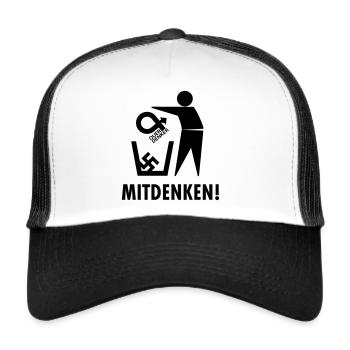 Mitdenken statt quer denken! Gegen quer und Nazis - Trucker Cap - Weiß/Schwarz - Vorne