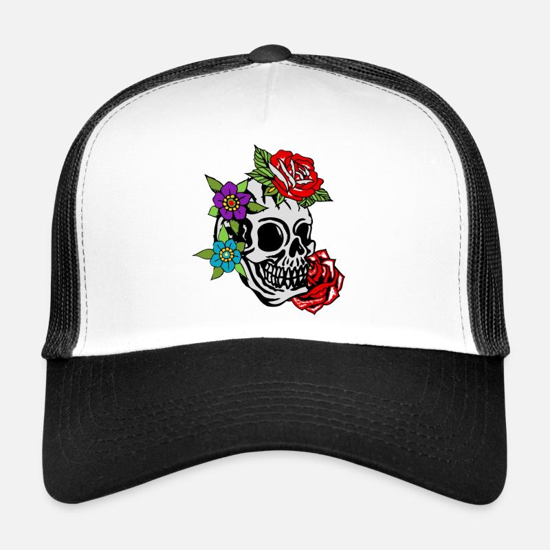 tete de mort fleur rose feuille old school tattoo Casquette trucker 