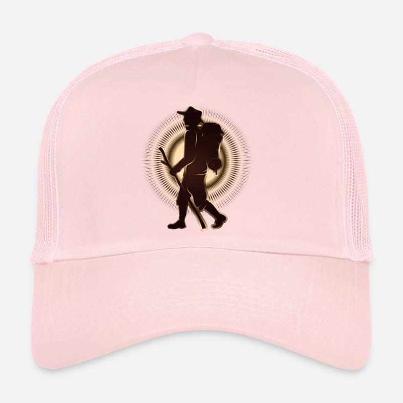 Pilgrim or hiker with walking stick & backpack Trucker Cap