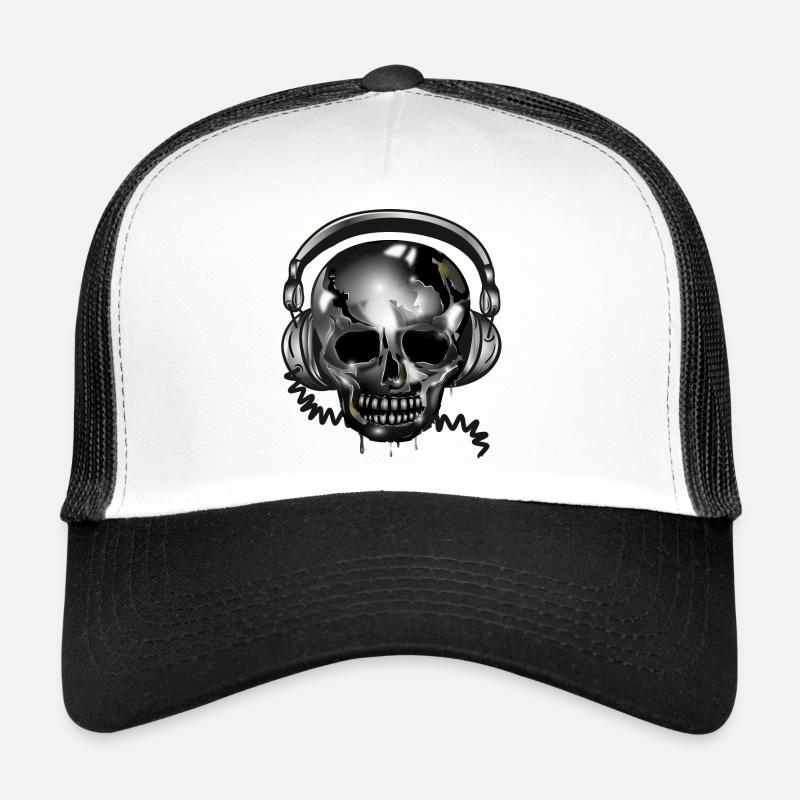 Totenkopf Skull mit Kopfhörer im Chrom Look - Trucker Cap - Weiß/Schwarz